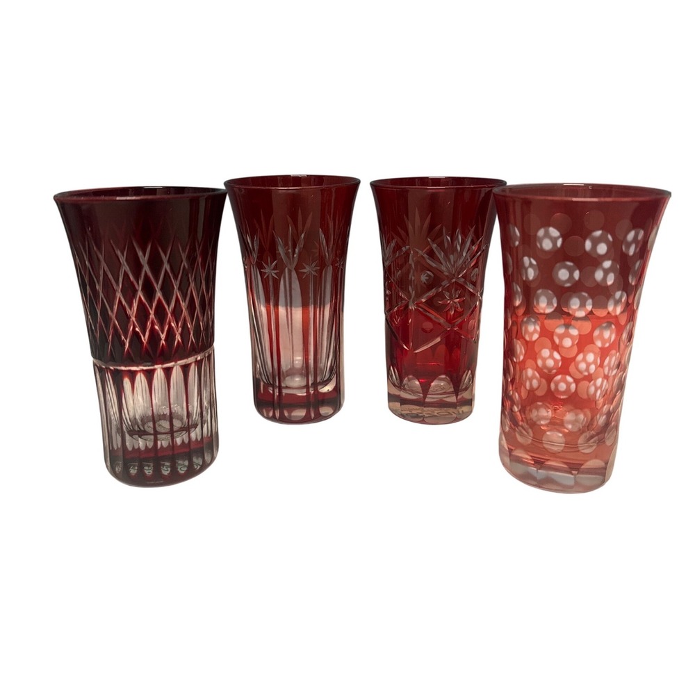 TOZAI Red Cut Crystal Tumbler Glasses Set of 4 Hand Crafted